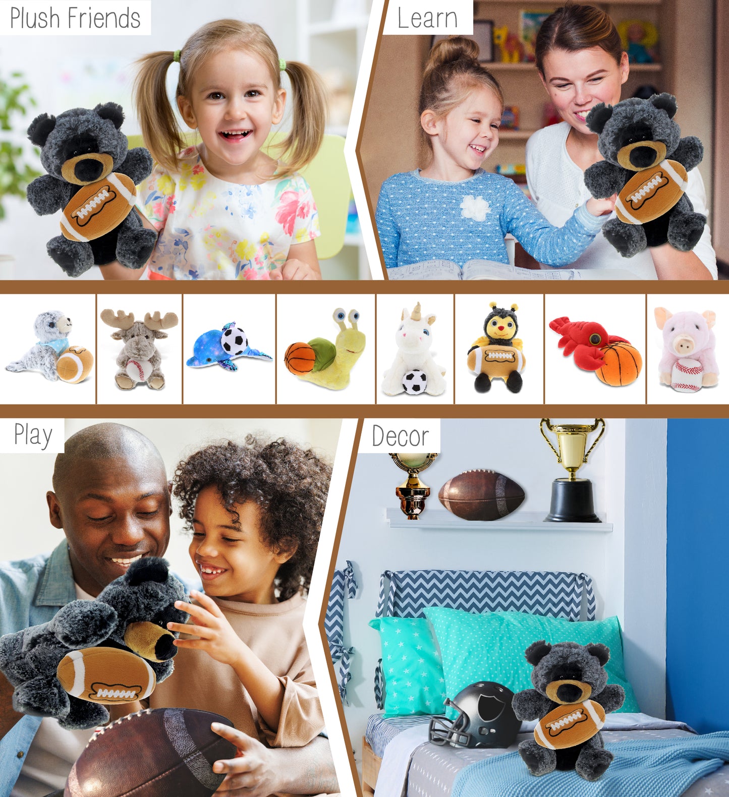 SUPER SOFT PLUSH HAND PUPPET - BLACK BEAR WITH FOOTBALL PLUSH