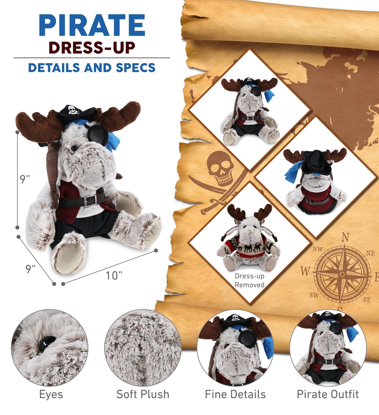 SUPER SOFT PLUSH WITH CLOTHES - MOOSE PIRATE DRESS UP