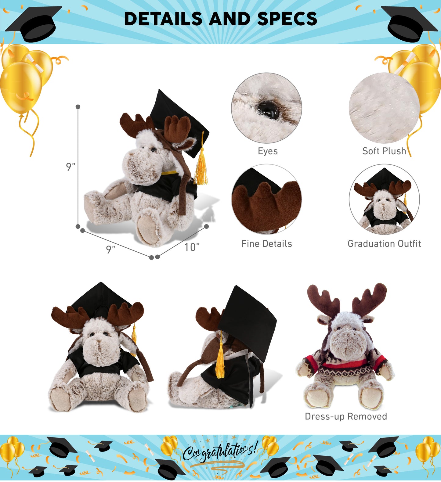 DolliBu Moose Graduation Plush Toy with Gown and Cap with Tassel - 10 Inches