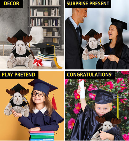 DolliBu Moose Graduation Plush Toy with Gown and Cap with Tassel - 10 Inches