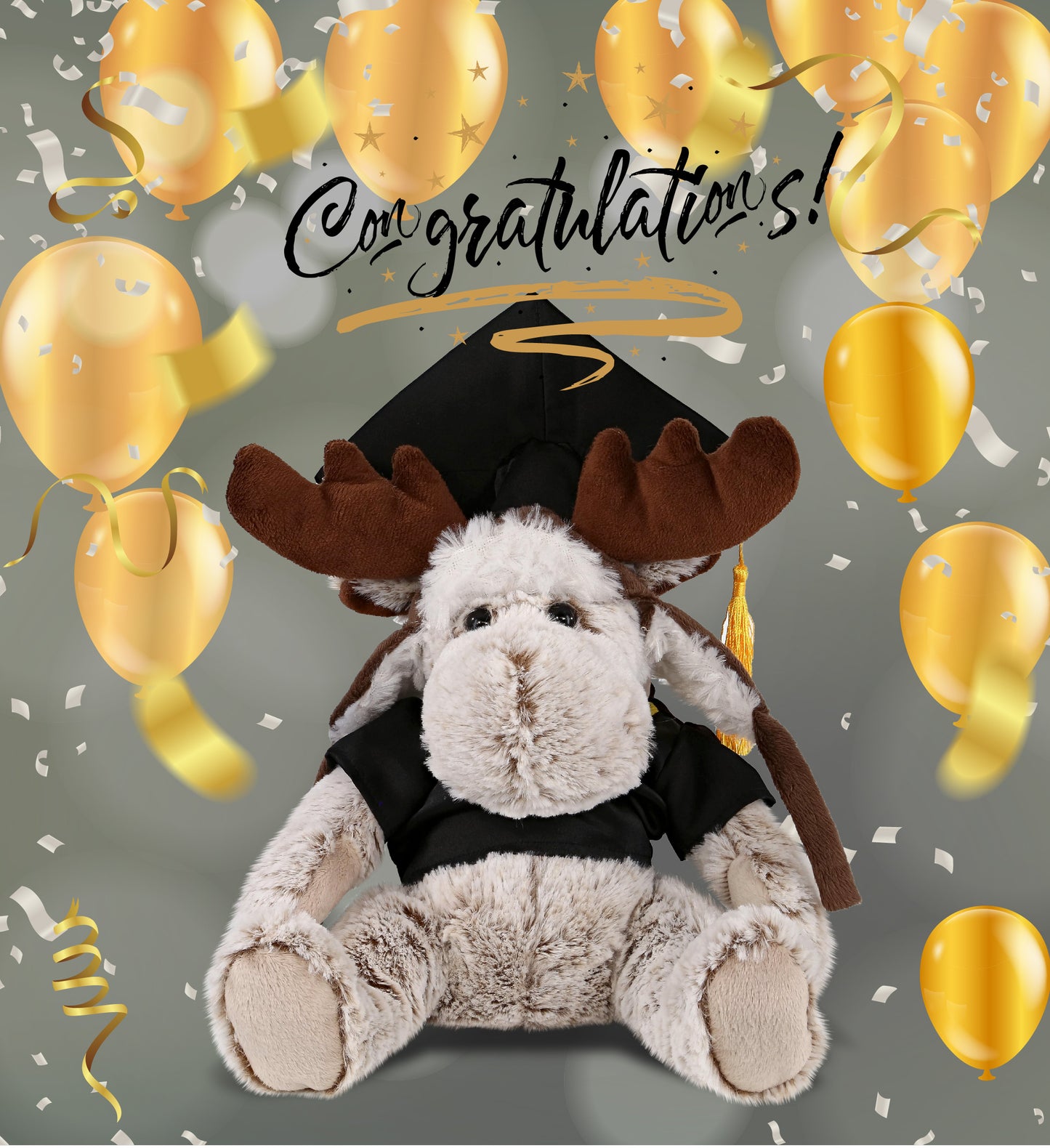 DolliBu Moose Graduation Plush Toy with Gown and Cap with Tassel - 10 Inches