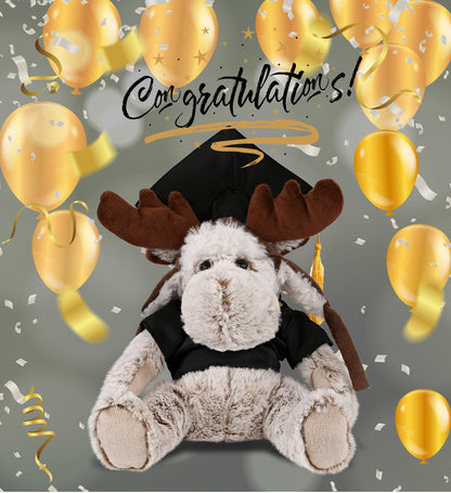 DolliBu Moose Graduation Plush Toy with Gown and Cap with Tassel - 10 Inches