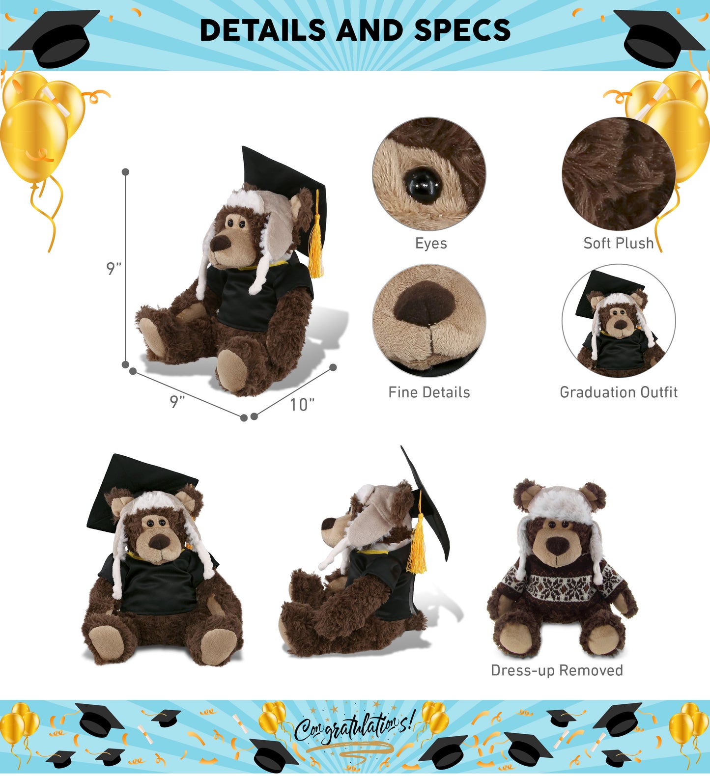 DolliBu Grizzly Bear Graduation Plush with Gown and Cap with Tassel - 10 Inches
