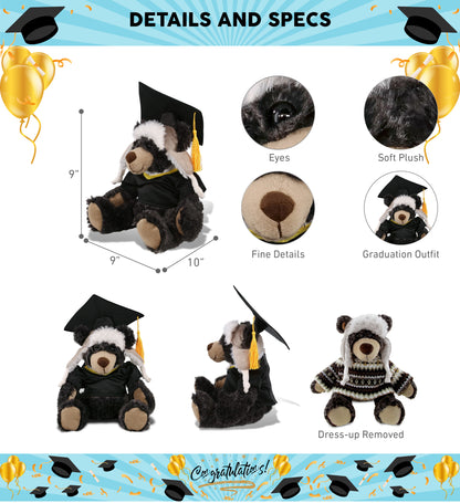 DolliBu Black Bear Graduation Plush Toy with Gown and Cap with Tassel - 10 Inch