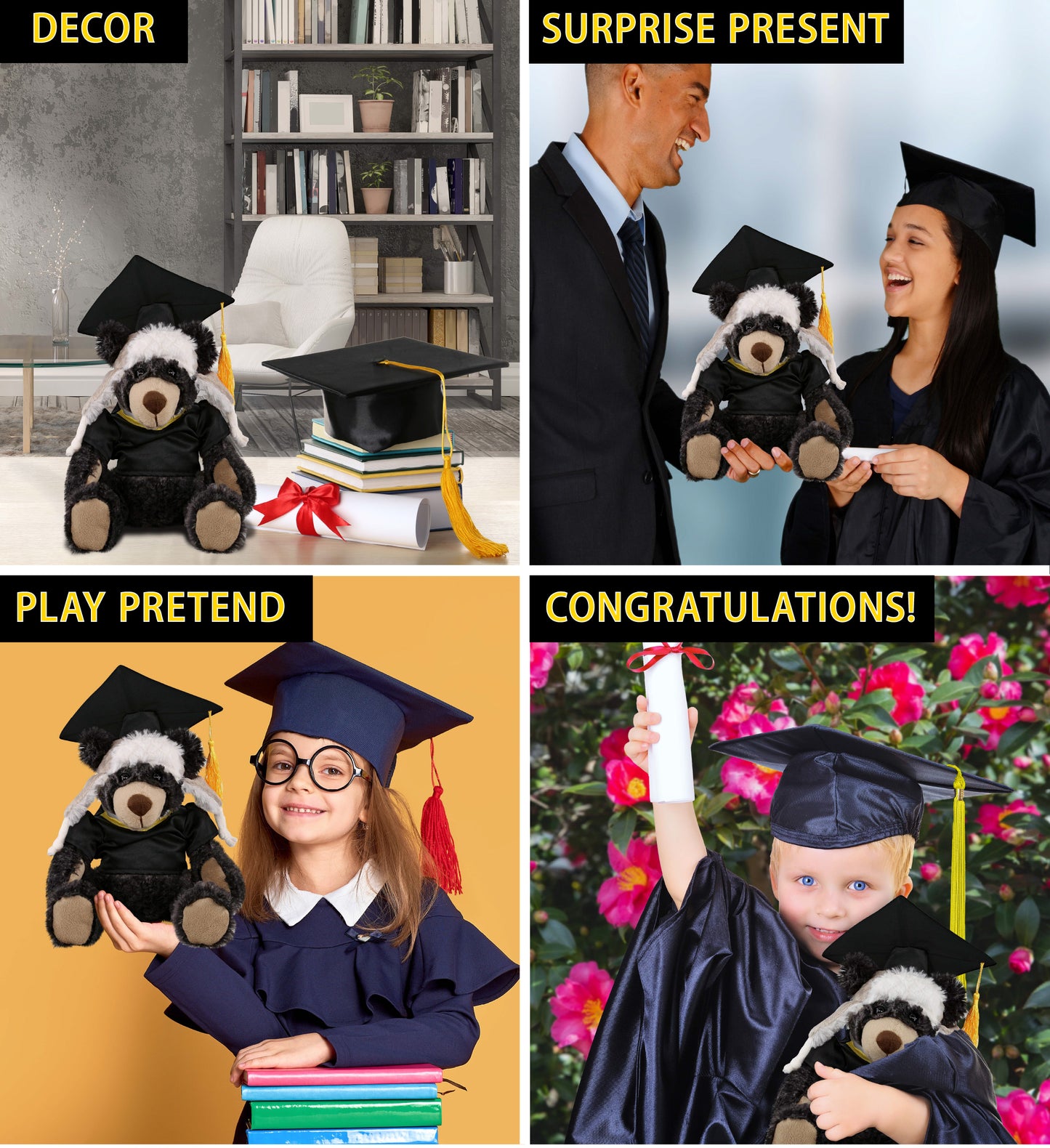 DolliBu Black Bear Graduation Plush Toy with Gown and Cap with Tassel - 10 Inch