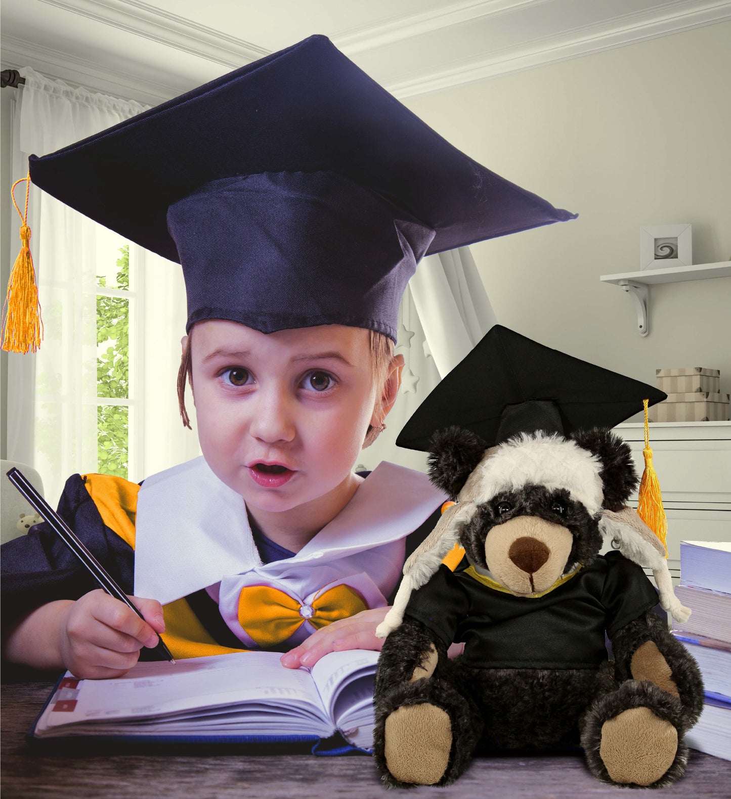 DolliBu Black Bear Graduation Plush Toy with Gown and Cap with Tassel - 10 Inch