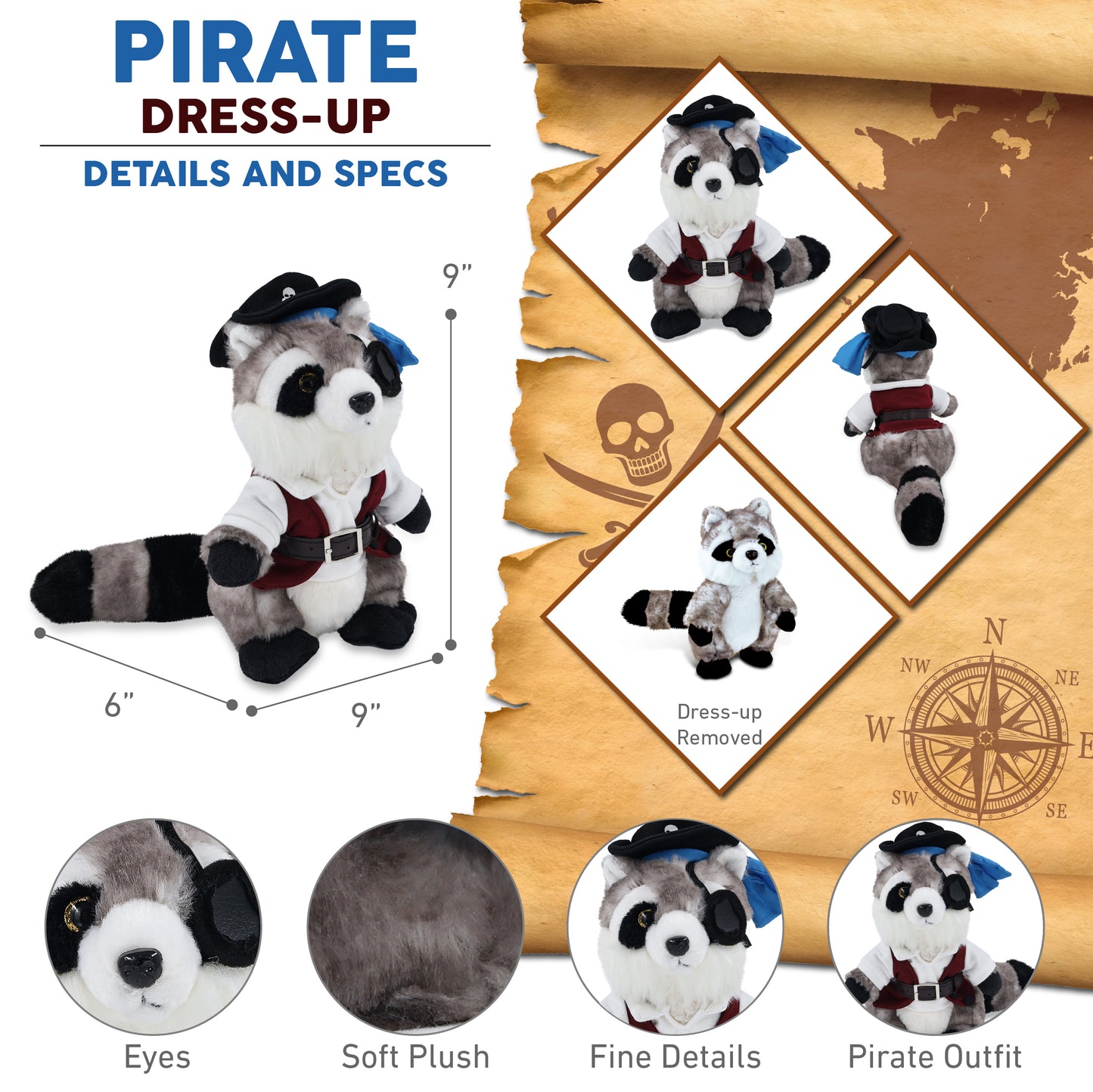 SUPER SOFT PLUSH - RACCOON WITH PIRATE DRESS UP