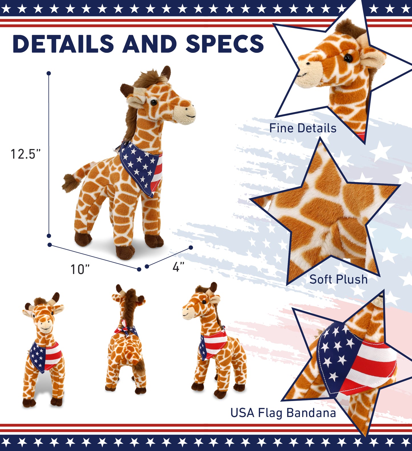 SUPER SOFT PLUSH - WILD SMALL GIRAFFE WITH USA FLAG BANDANA