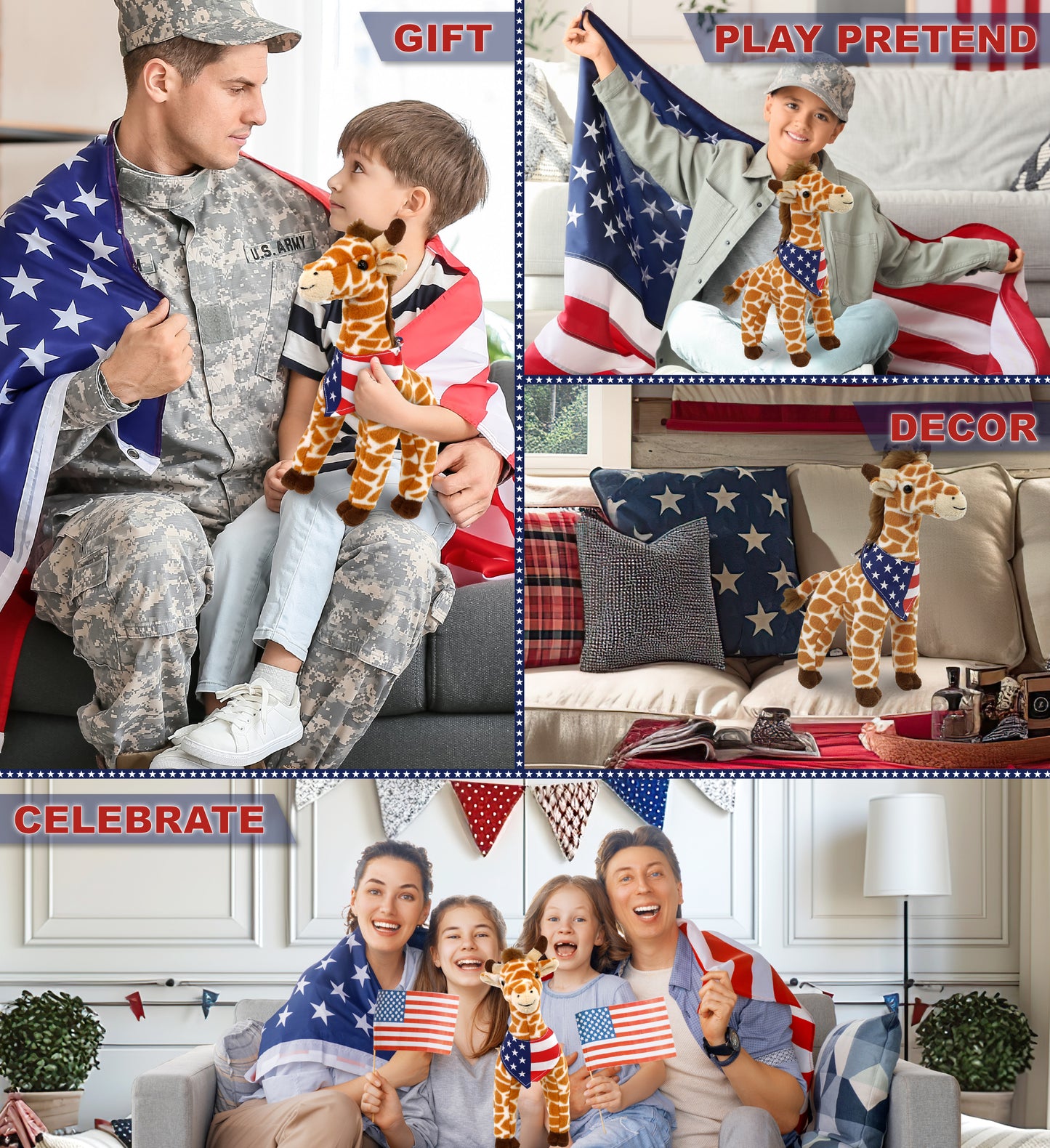 SUPER SOFT PLUSH - WILD SMALL GIRAFFE WITH USA FLAG BANDANA