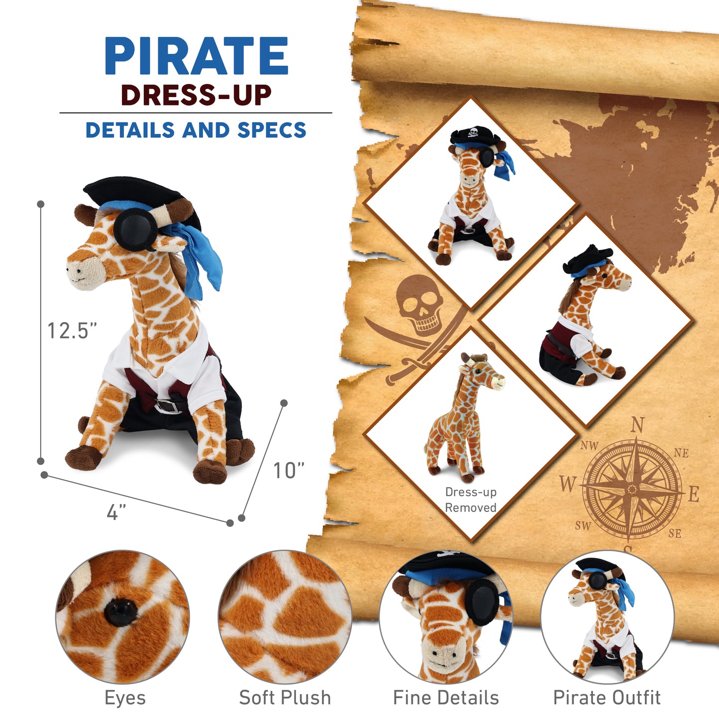 SUPER SOFT PLUSH - WILD SMALL GIRAFFE WITH PIRATE DRESS UP