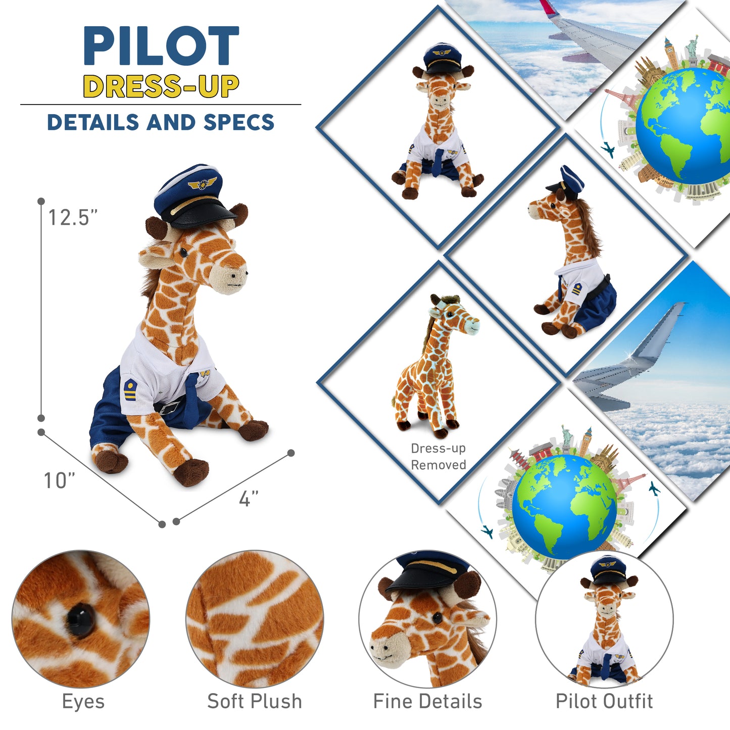 SUPER SOFT PLUSH - WILD SMALL GIRAFFE WITH PILOT DRESS UP