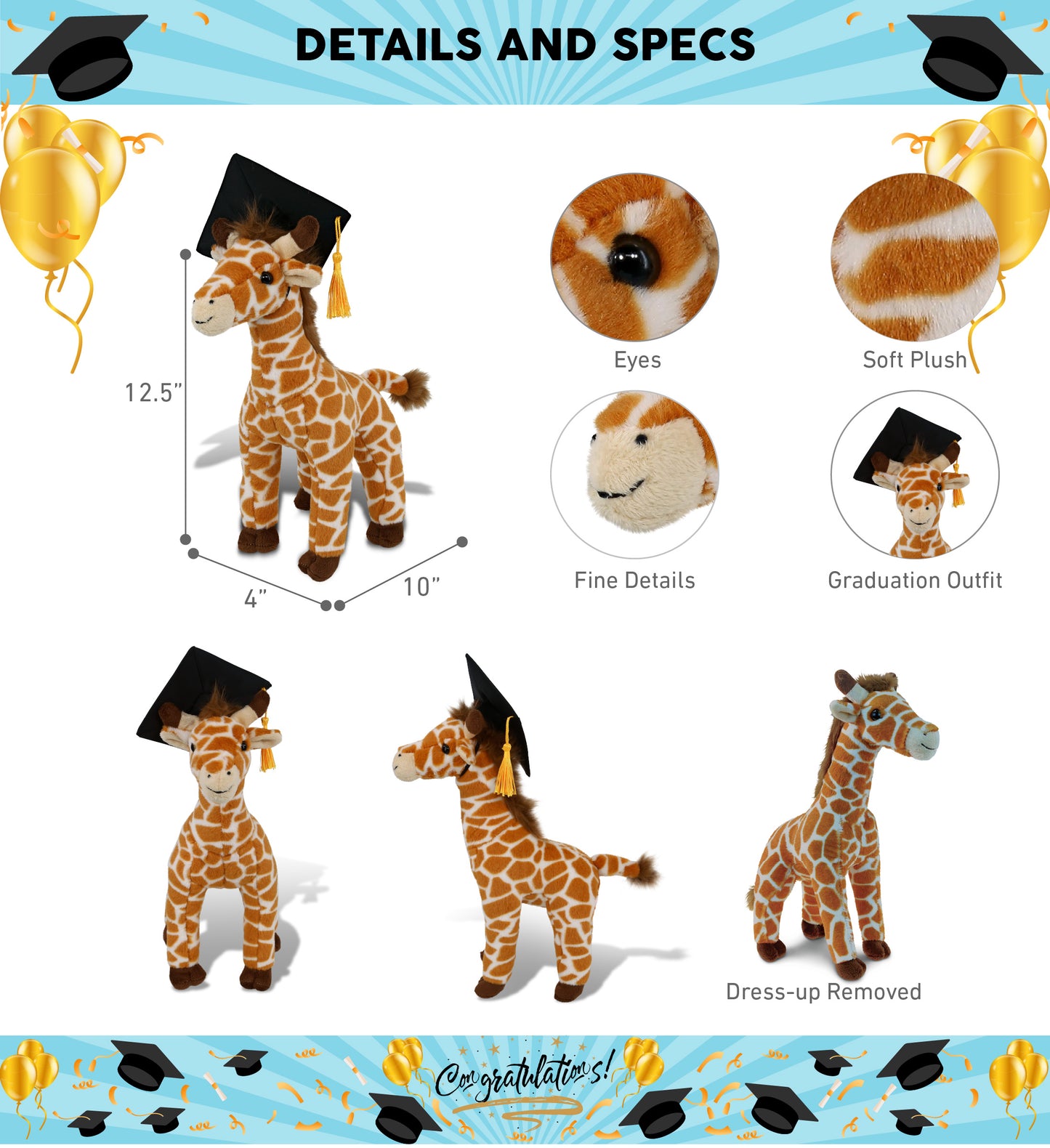 DolliBu Wild Giraffe Graduation Plush with Graduation Cap with Tassel - 10 Inch