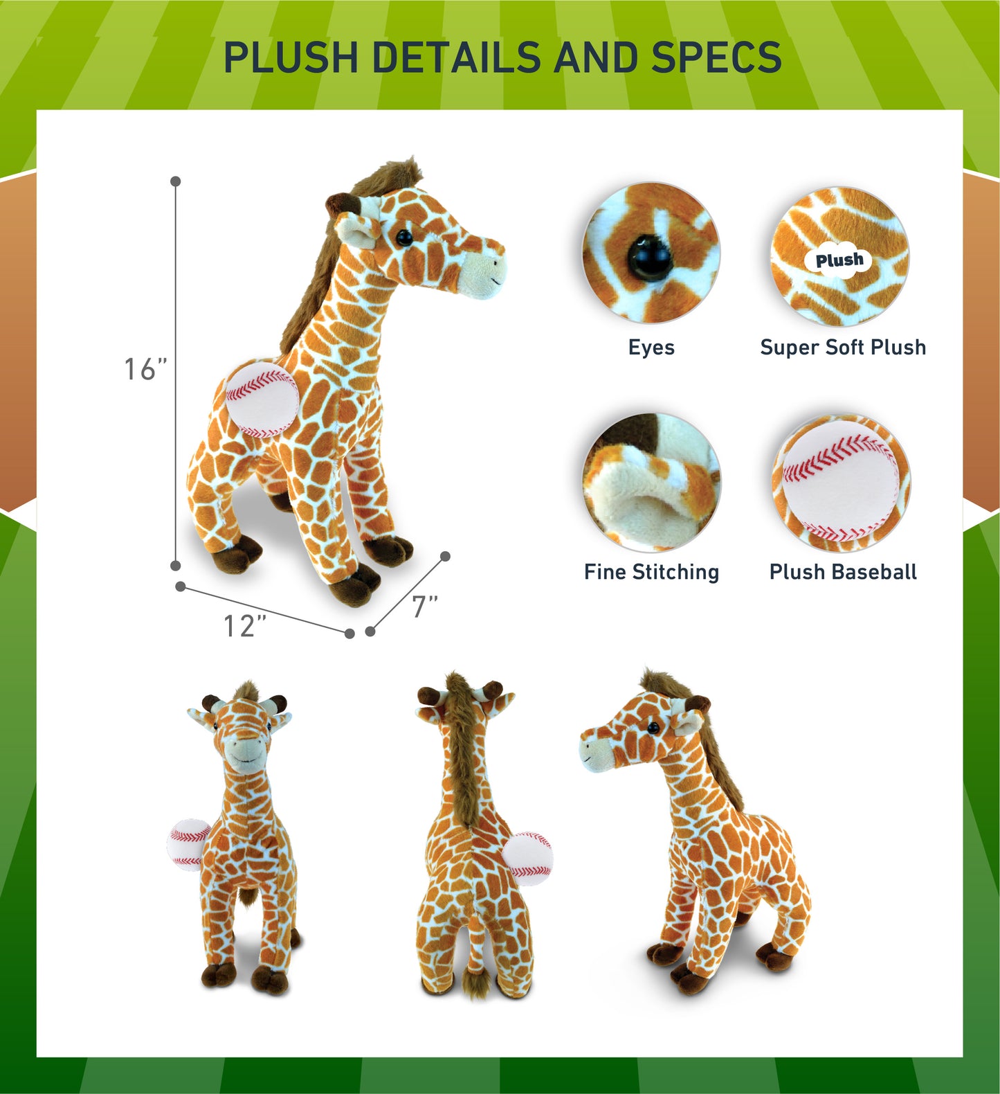 SUPER SOFT PLUSH - WILD LARGE GIRAFFE WITH BASEBALL PLUSH