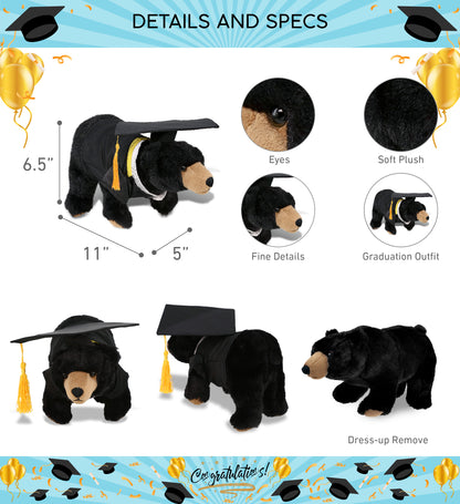 DolliBu Wild Black Bear Graduation Plush Toy with Gown and Cap - 11 Inches