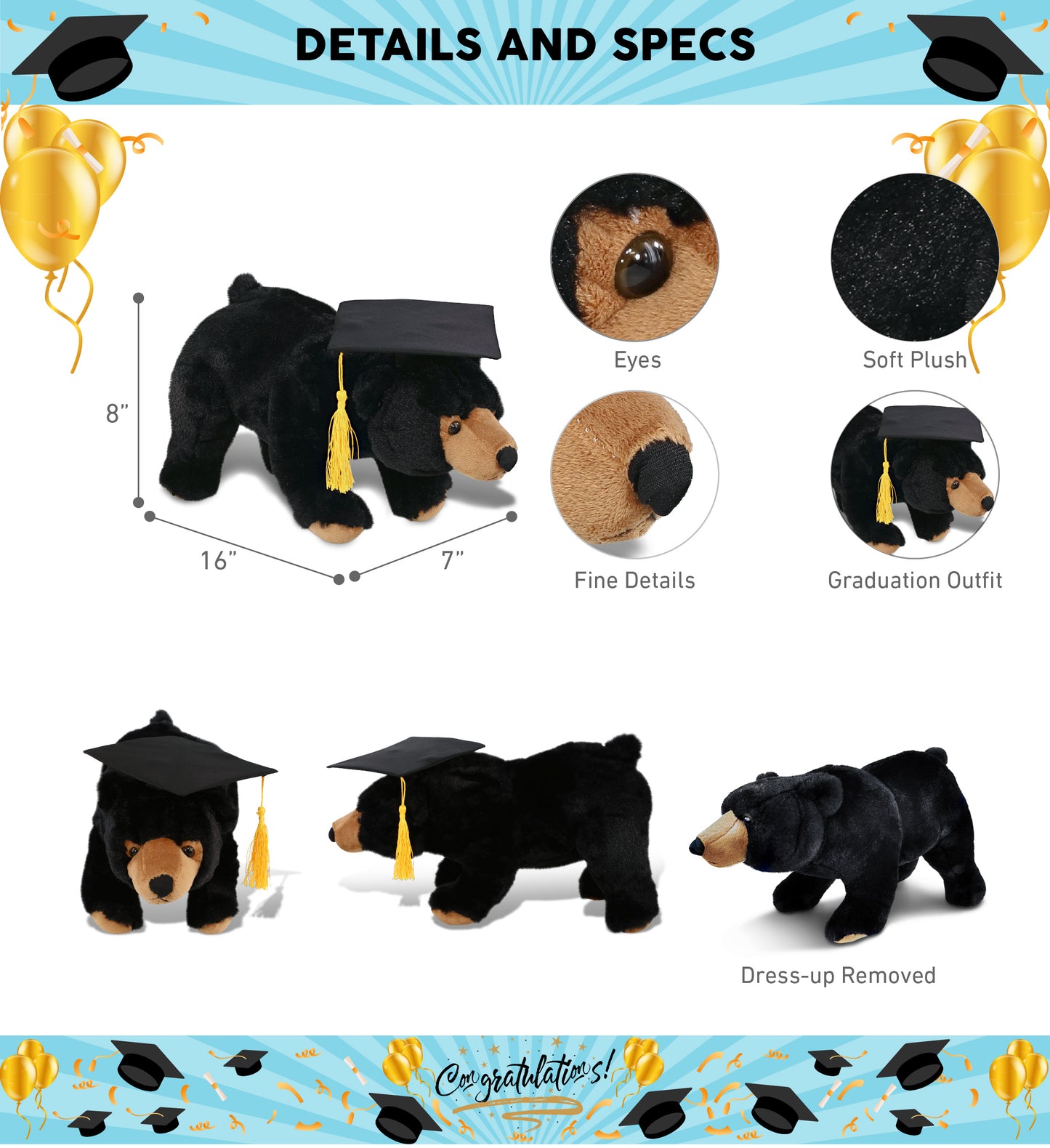 DolliBu Large Wild Black Bear Graduation Plush with Graduation Cap - 16 inches