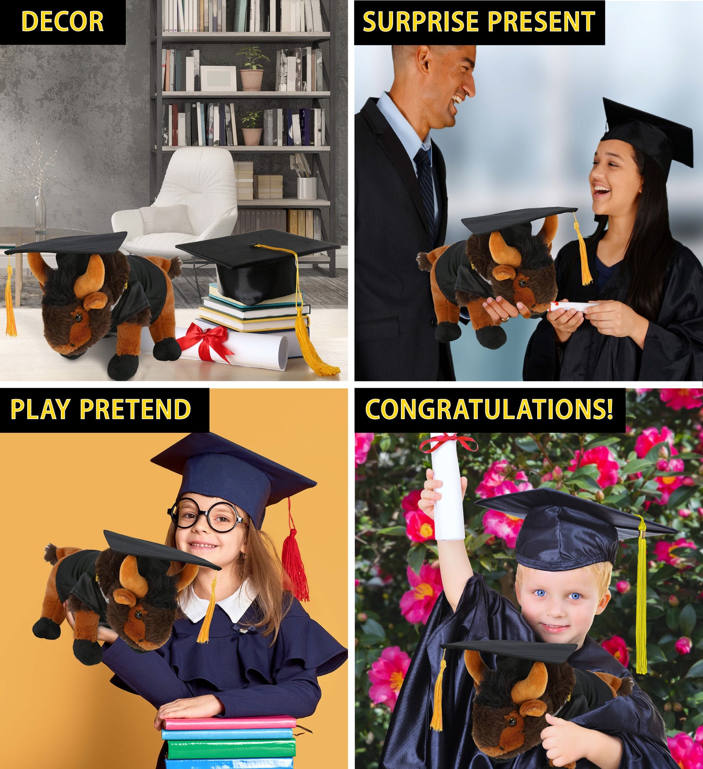 DolliBu Wild Buffalo Graduation Plush with Gown and Cap with Tassel- 9.5 Inches