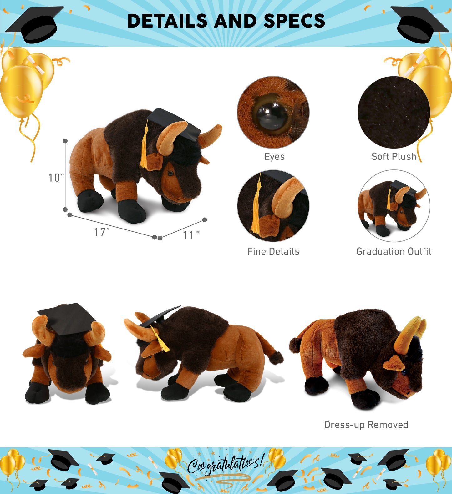 DolliBu Large Wild Buffalo Graduation Plush Toy with Cap with Tassel - 17 inch