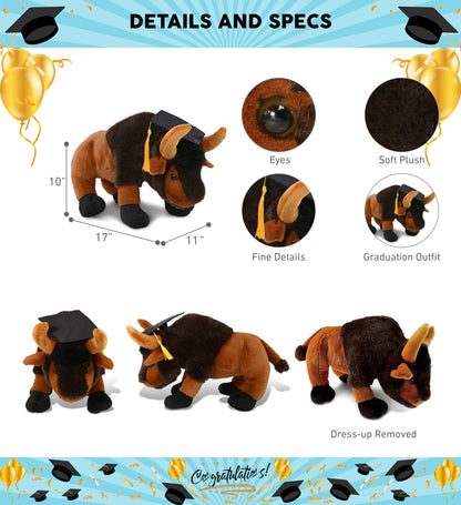 DolliBu Large Wild Buffalo Graduation Plush Toy with Cap with Tassel - 17 inch