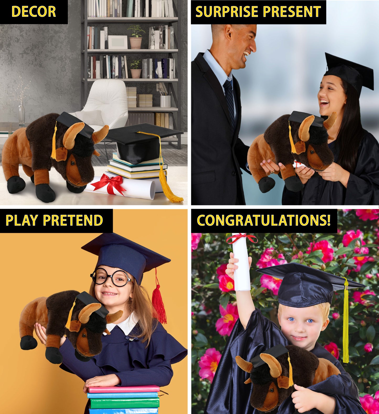 DolliBu Large Wild Buffalo Graduation Plush Toy with Cap with Tassel - 17 inch