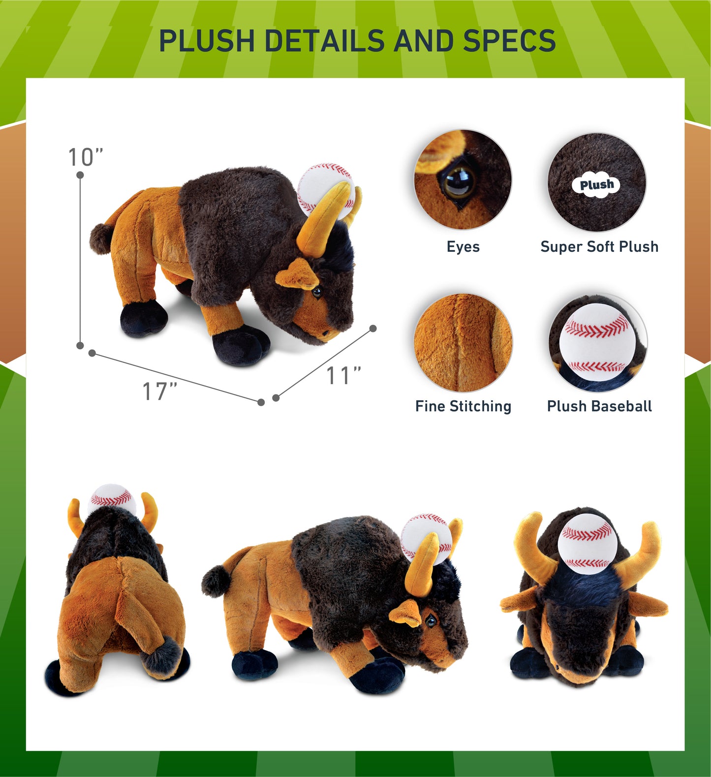 SUPER SOFT PLUSH - WILD LARGE BUFFALO XL WITH BASEBALL PLUSH