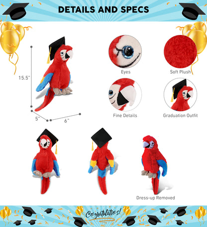 DolliBu Red Parrot Graduation Plush with Graduation Cap with Tassel - 15 inches