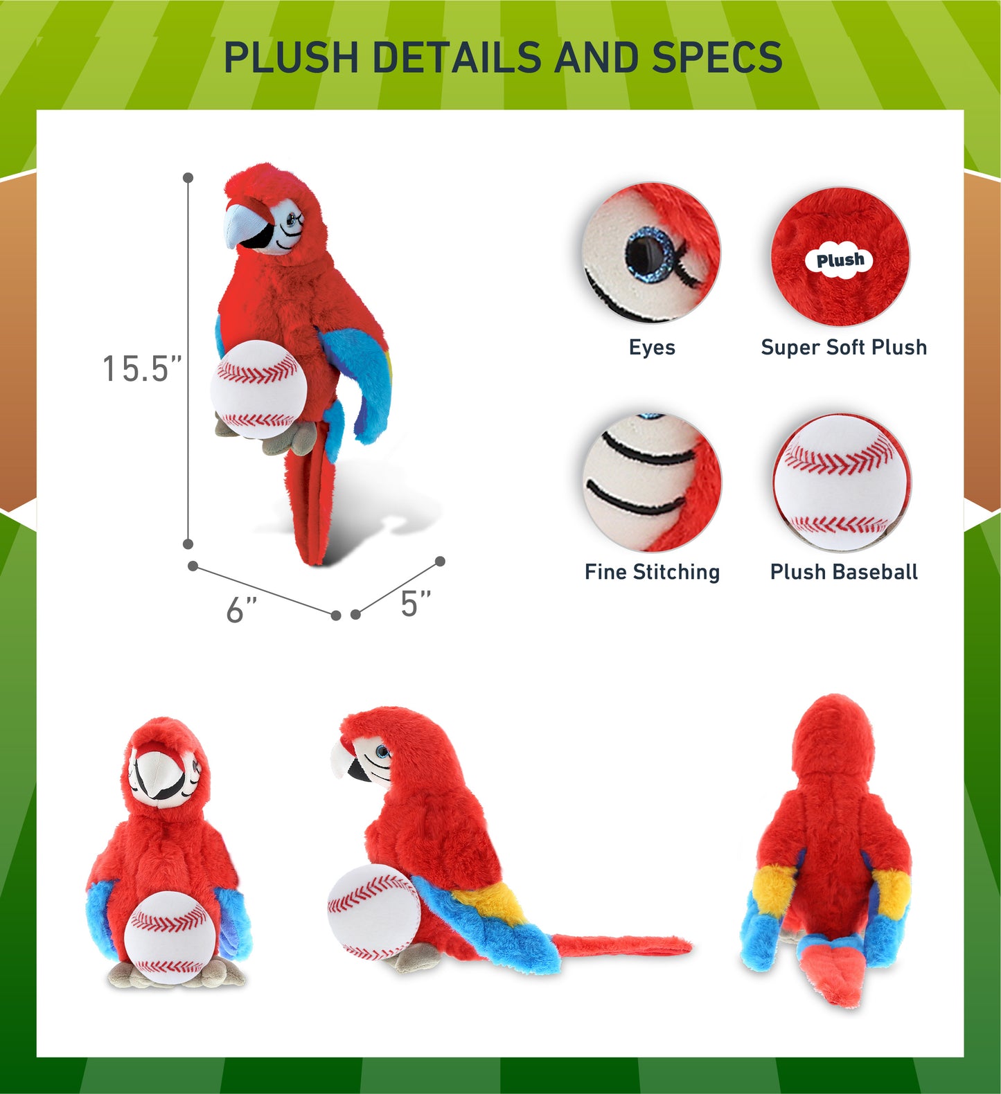 SUPER SOFT PLUSH - RED PARROT WITH BASEBALL PLUSH