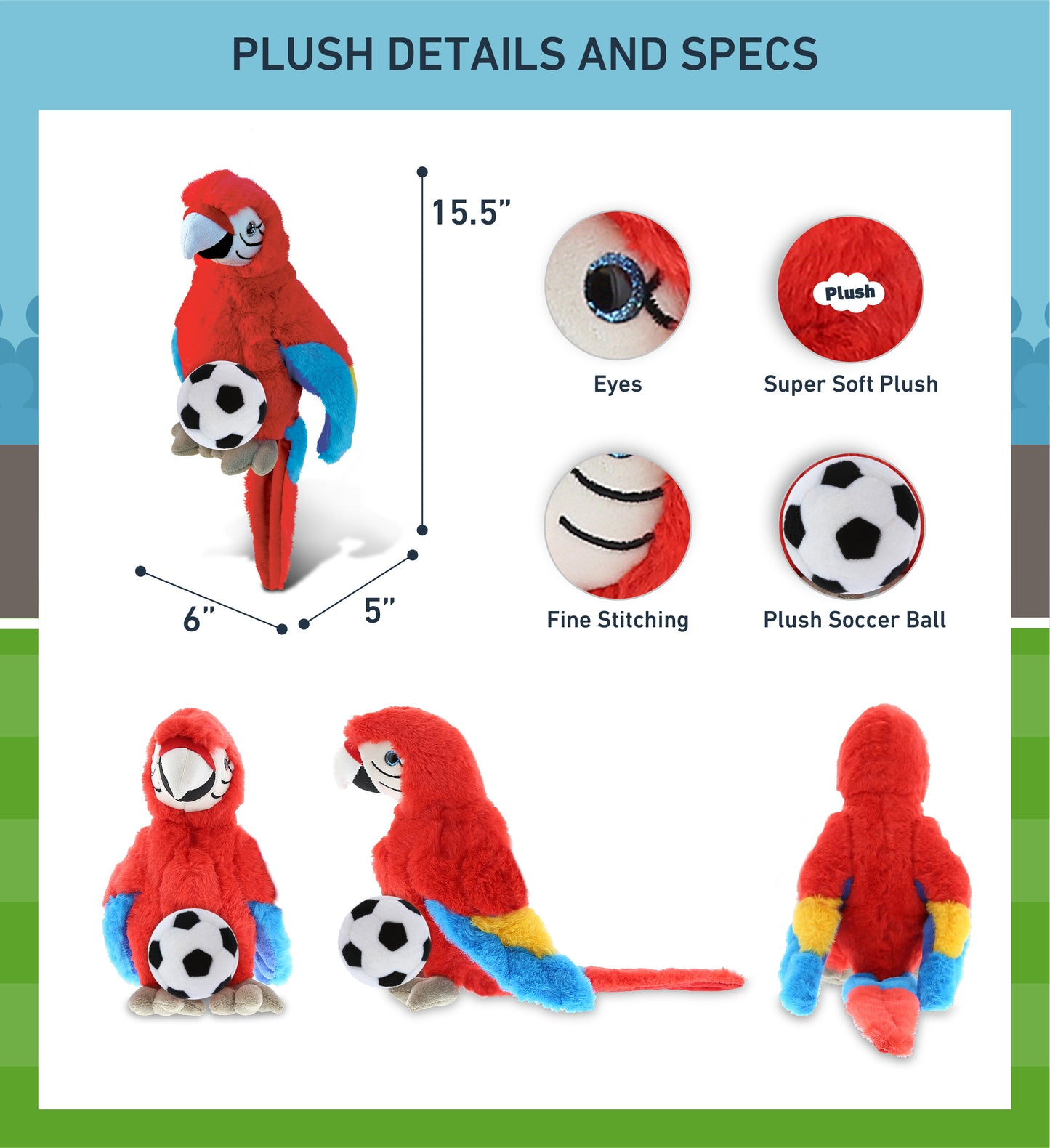SUPER SOFT PLUSH - RED PARROT WITH SOCCER PLUSH