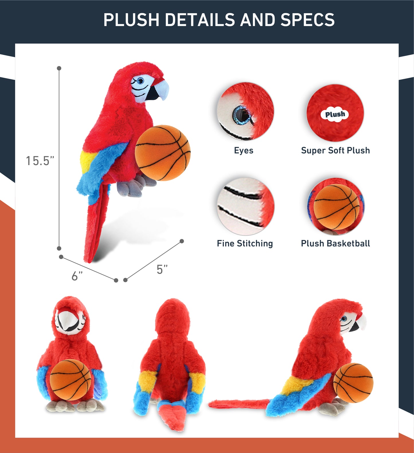 SUPER SOFT PLUSH - RED PARROT WITH BASKETBALL PLUSH