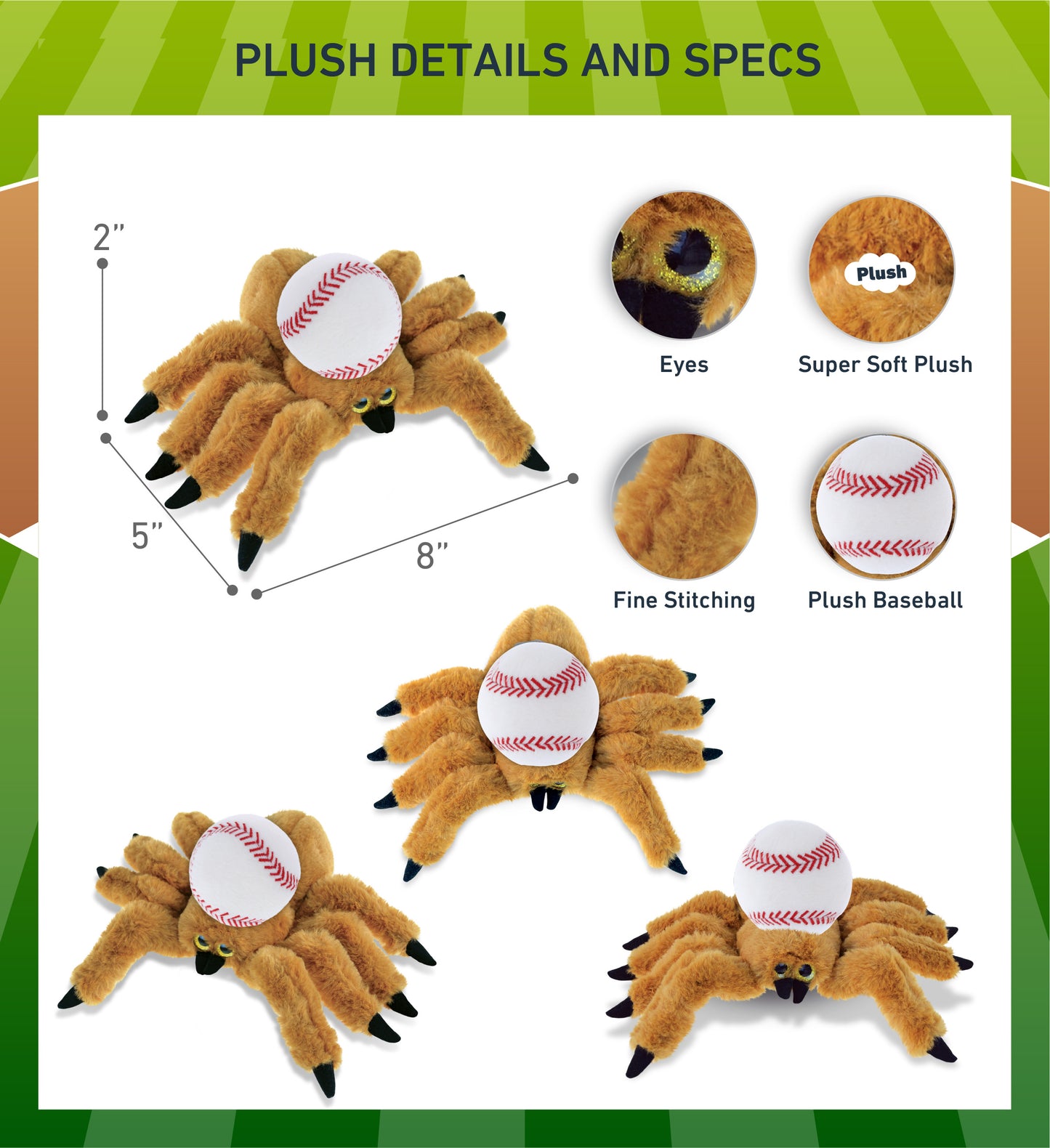 SUPER SOFT PLUSH - BROWN SPIDER WITH BASEBALL PLUSH