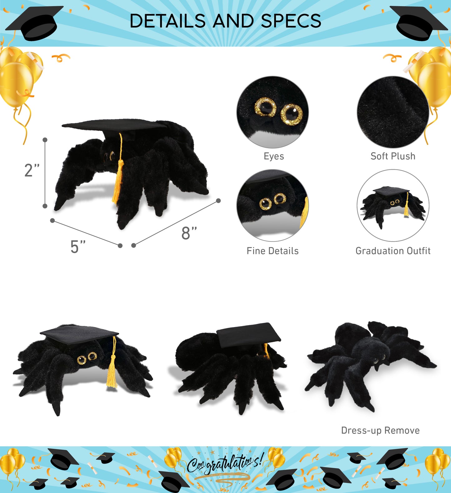 DolliBu Black Spider Graduation Plush with Graduation Cap with Tassel - 8 inch