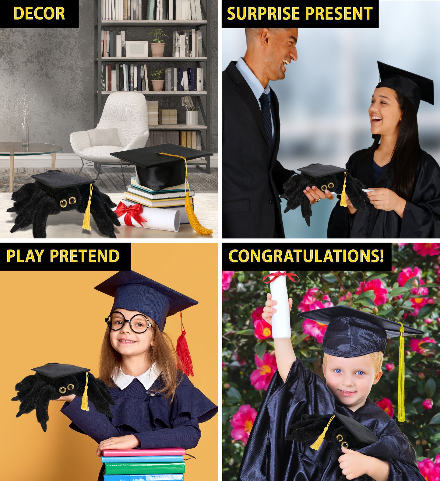 DolliBu Black Spider Graduation Plush with Graduation Cap with Tassel - 8 inch