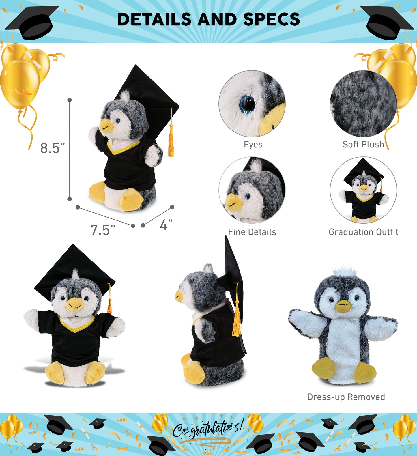 DolliBu Penguin Graduation Plush Toy with Gown and Cap with Tassel - 8.5 Inches