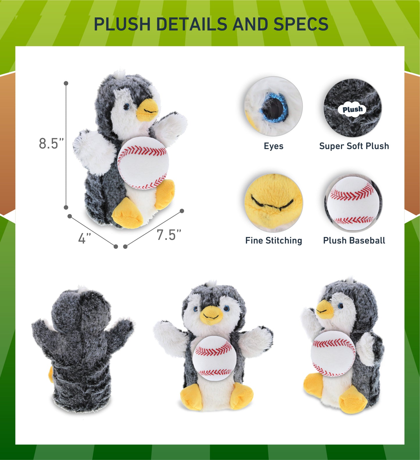 SUPER SOFT PLUSH HAND PUPPET - PENGUIN WITH BASEBALL PLUSH