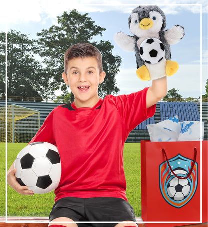 SUPER SOFT PLUSH HAND PUPPET - PENGUIN WITH SOCCER PLUSH