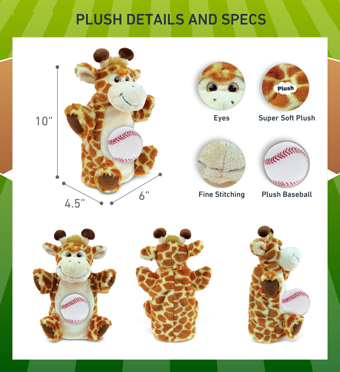 SUPER SOFT PLUSH HAND PUPPET - GIRAFFE WITH BASEBALL PLUSH