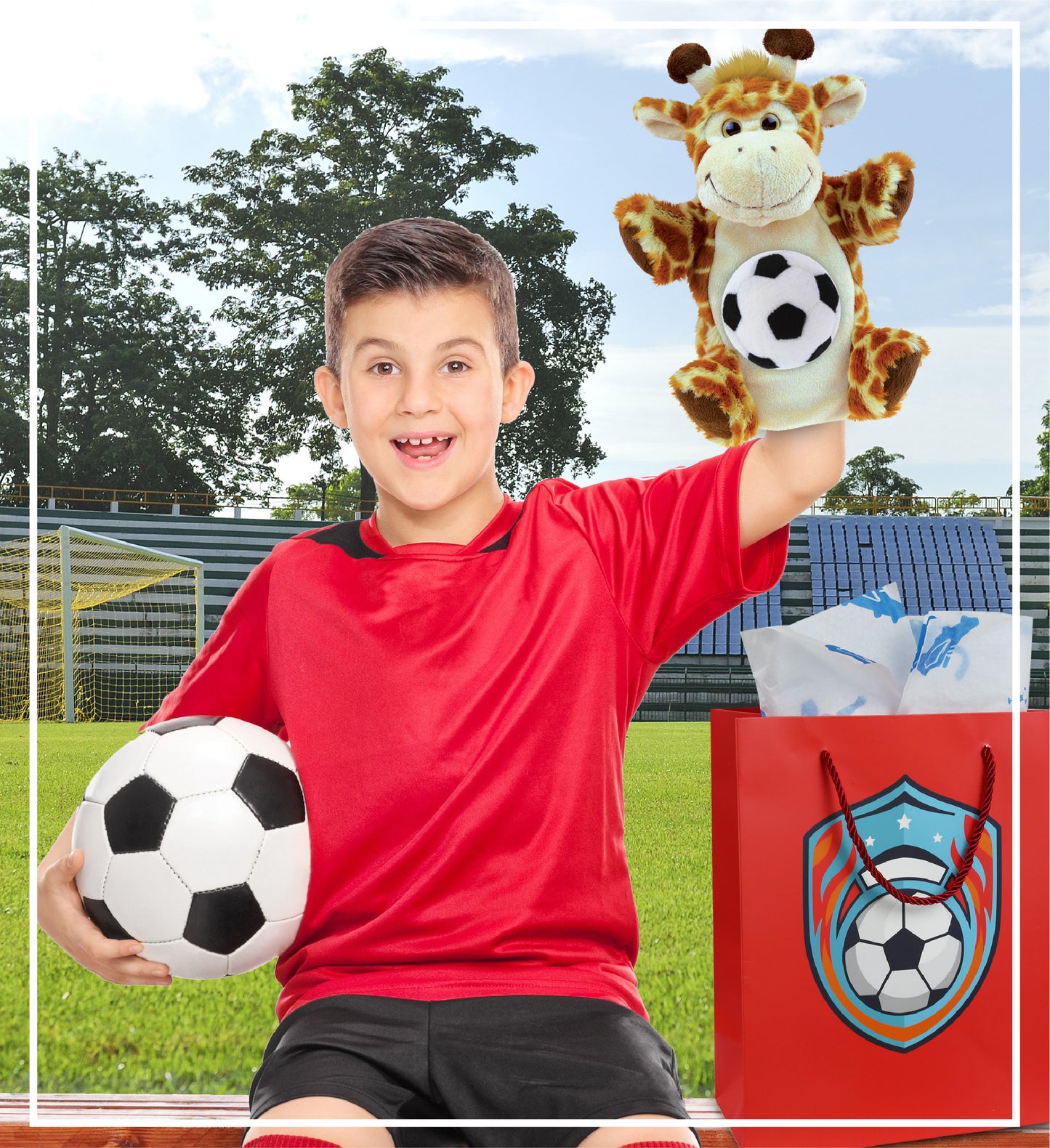 SUPER SOFT PLUSH HAND PUPPET - GIRAFFE WITH SOCCER PLUSH