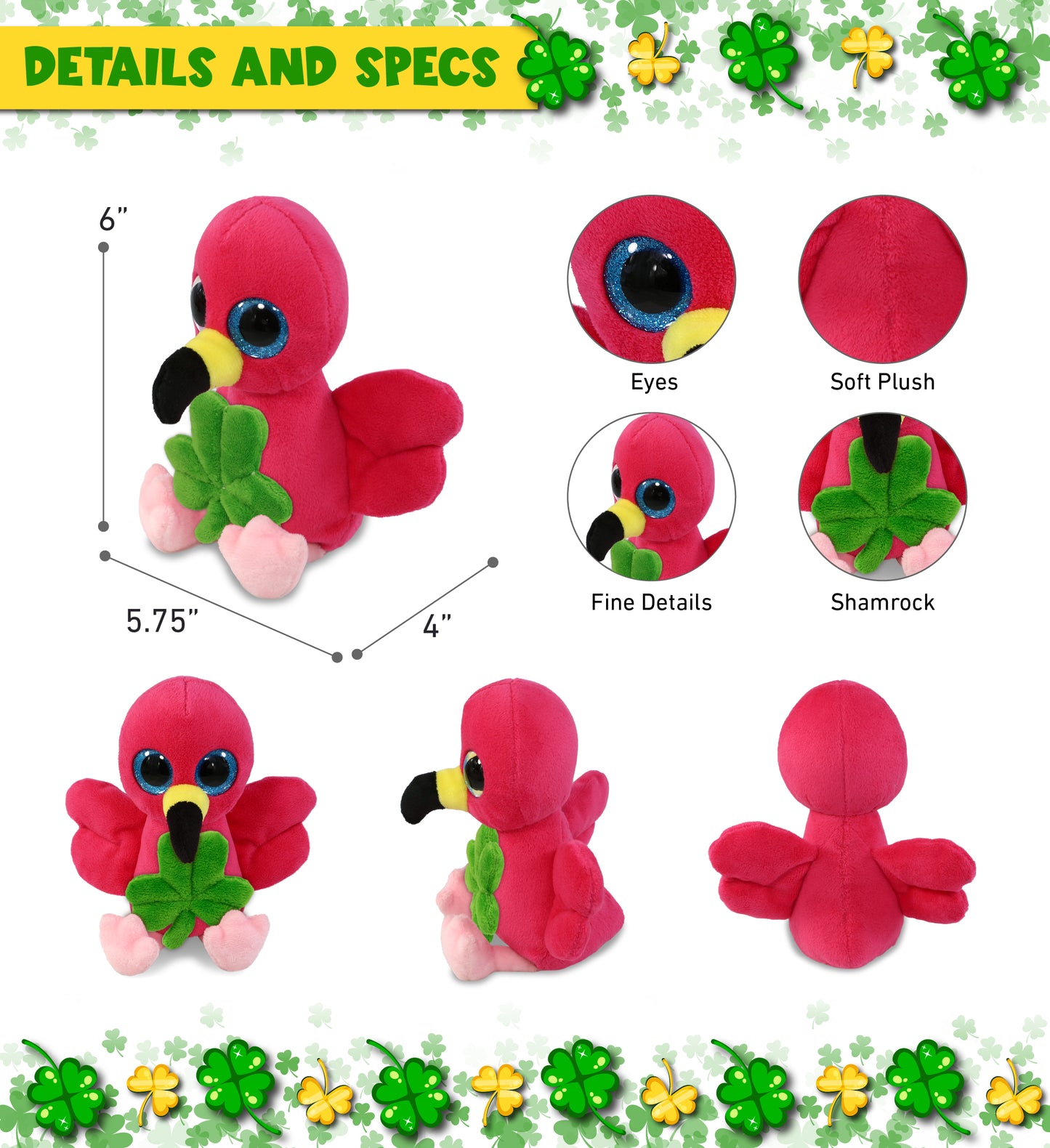 DolliBu Big Eye Flamingo Stuffed Animal with Green Plush Shamrock - 6 Inches