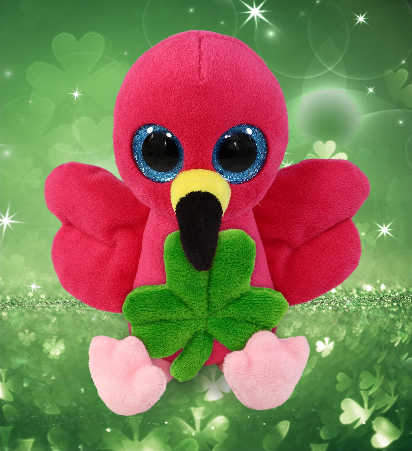 DolliBu Big Eye Flamingo Stuffed Animal with Green Plush Shamrock - 6 Inches