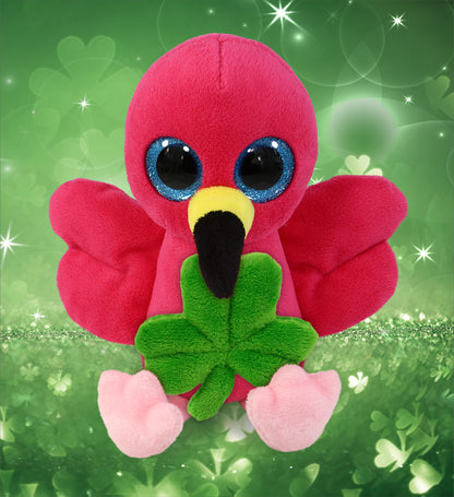 DolliBu Big Eye Flamingo Stuffed Animal with Green Plush Shamrock - 6 Inches