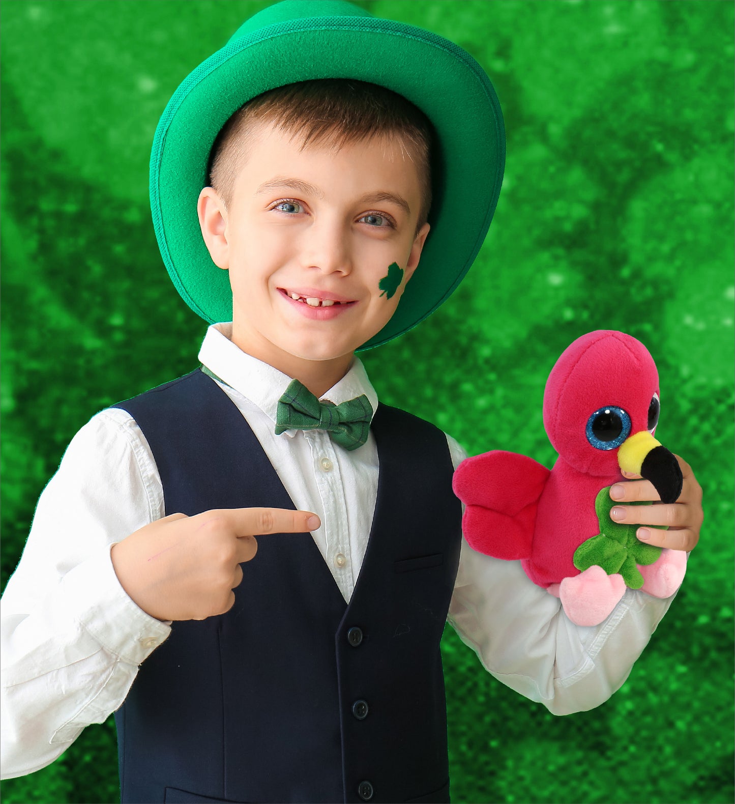 DolliBu Big Eye Flamingo Stuffed Animal with Green Plush Shamrock - 6 Inches