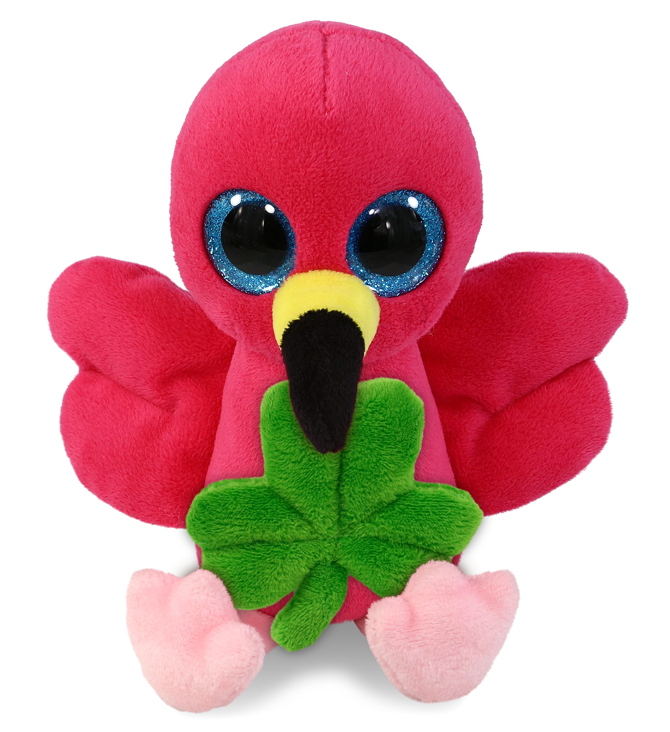 DolliBu Big Eye Flamingo Stuffed Animal with Green Plush Shamrock - 6 Inches