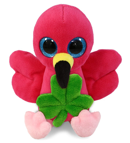 DolliBu Big Eye Flamingo Stuffed Animal with Green Plush Shamrock - 6 Inches