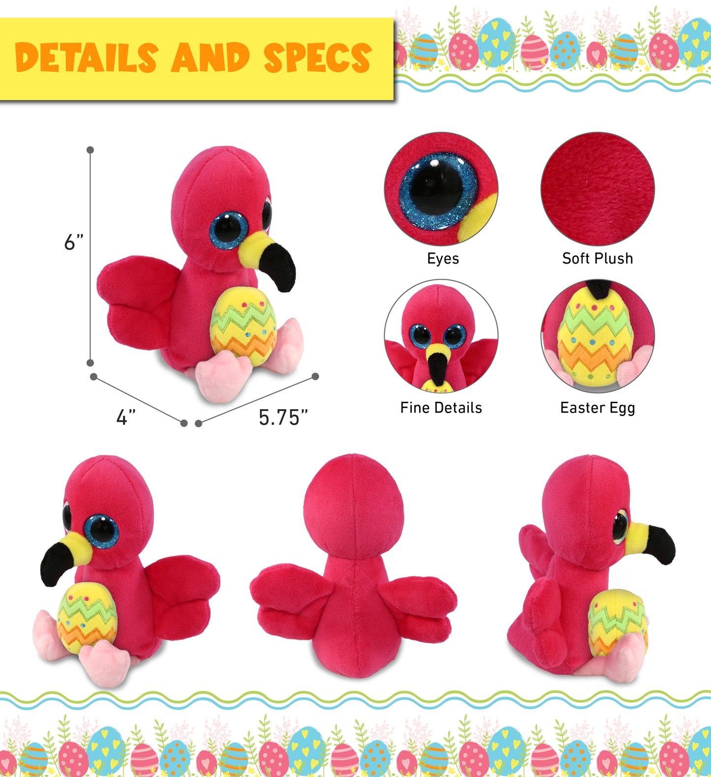 DolliBu Cute Big Eye Flamingo with Yellow Easter Egg Plush Toy - 6  Inches
