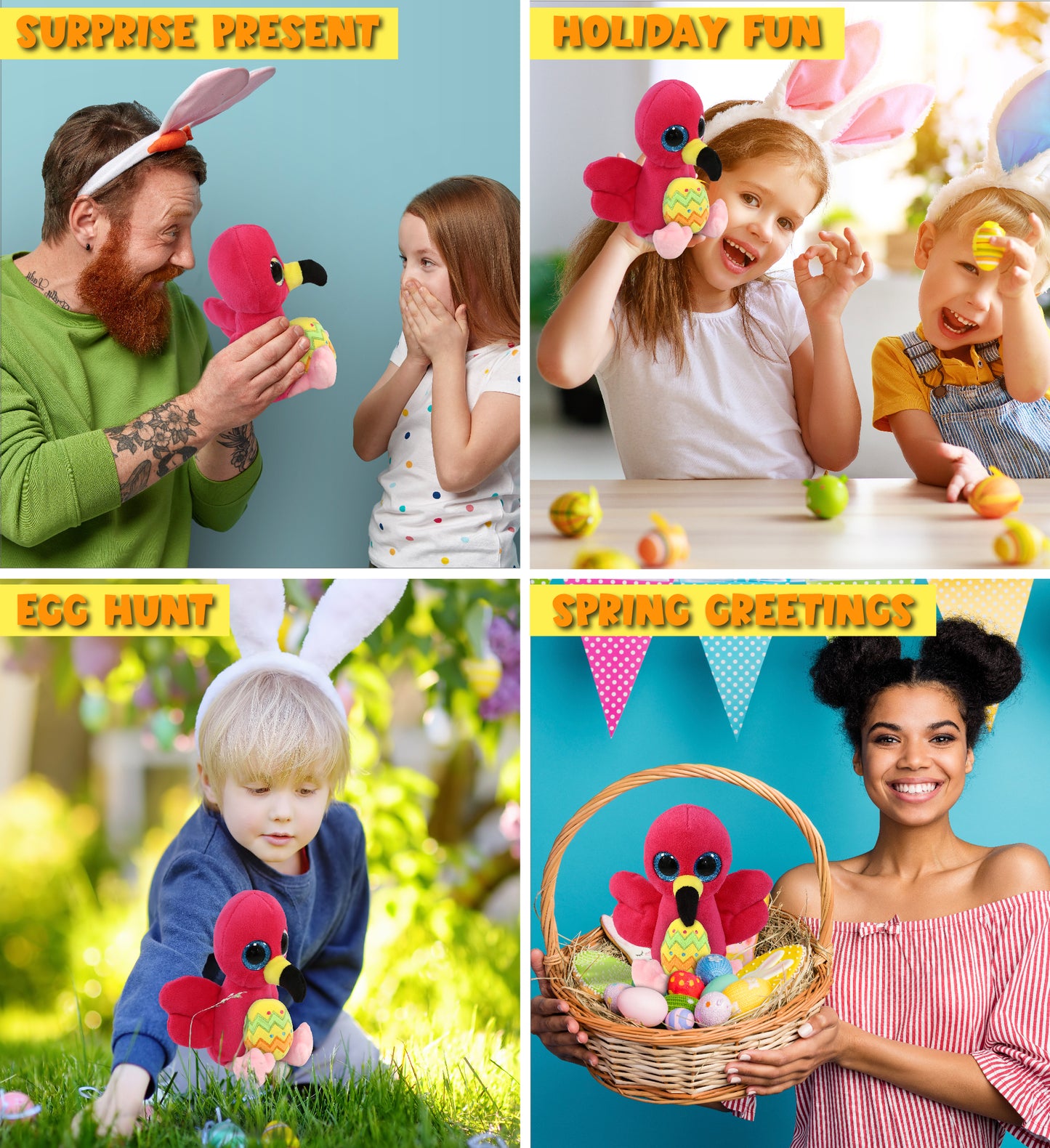 DolliBu Cute Big Eye Flamingo with Yellow Easter Egg Plush Toy - 6  Inches