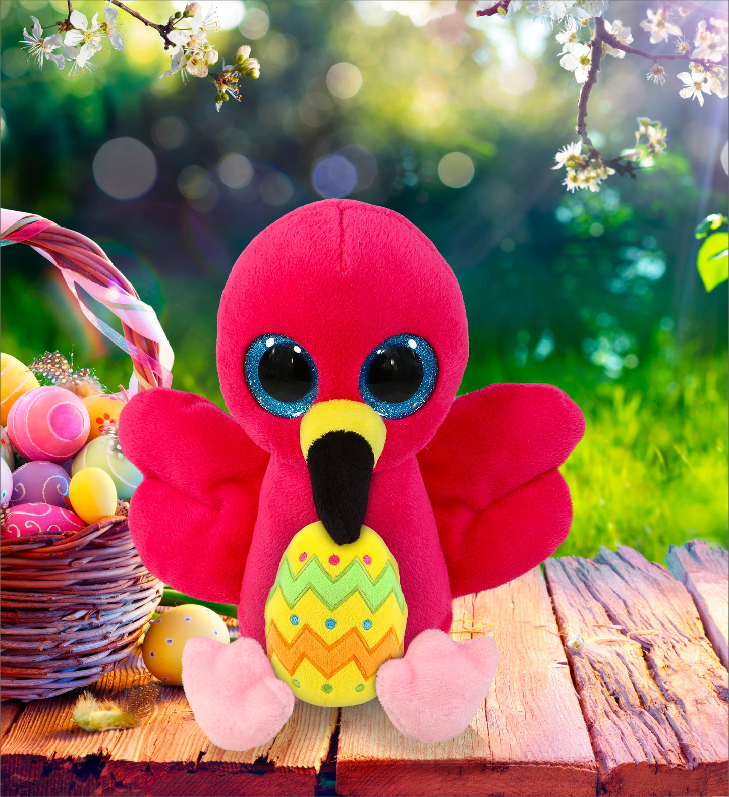 DolliBu Cute Big Eye Flamingo with Yellow Easter Egg Plush Toy - 6  Inches