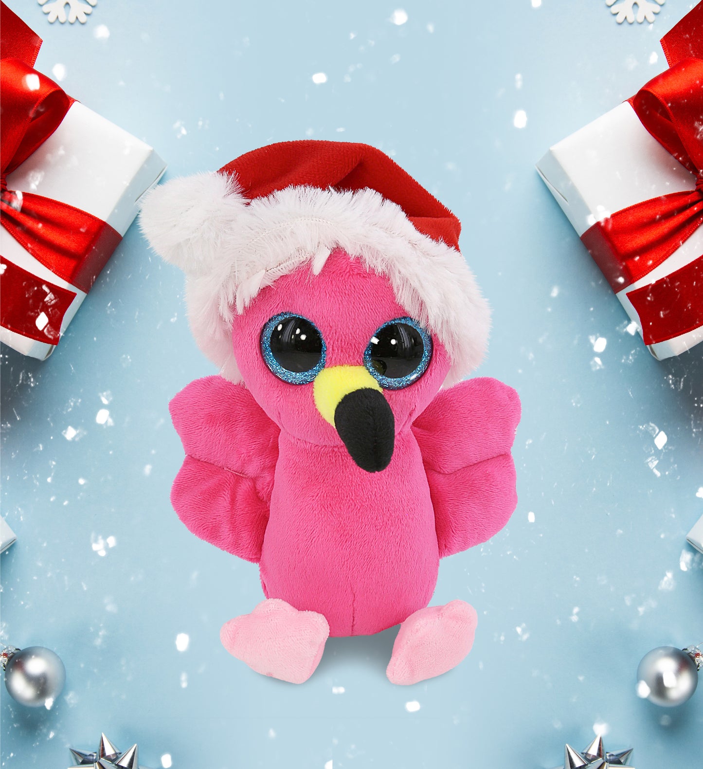 BIG EYE PLUSH - FLAMINGO WITH SANTA DRESS UP