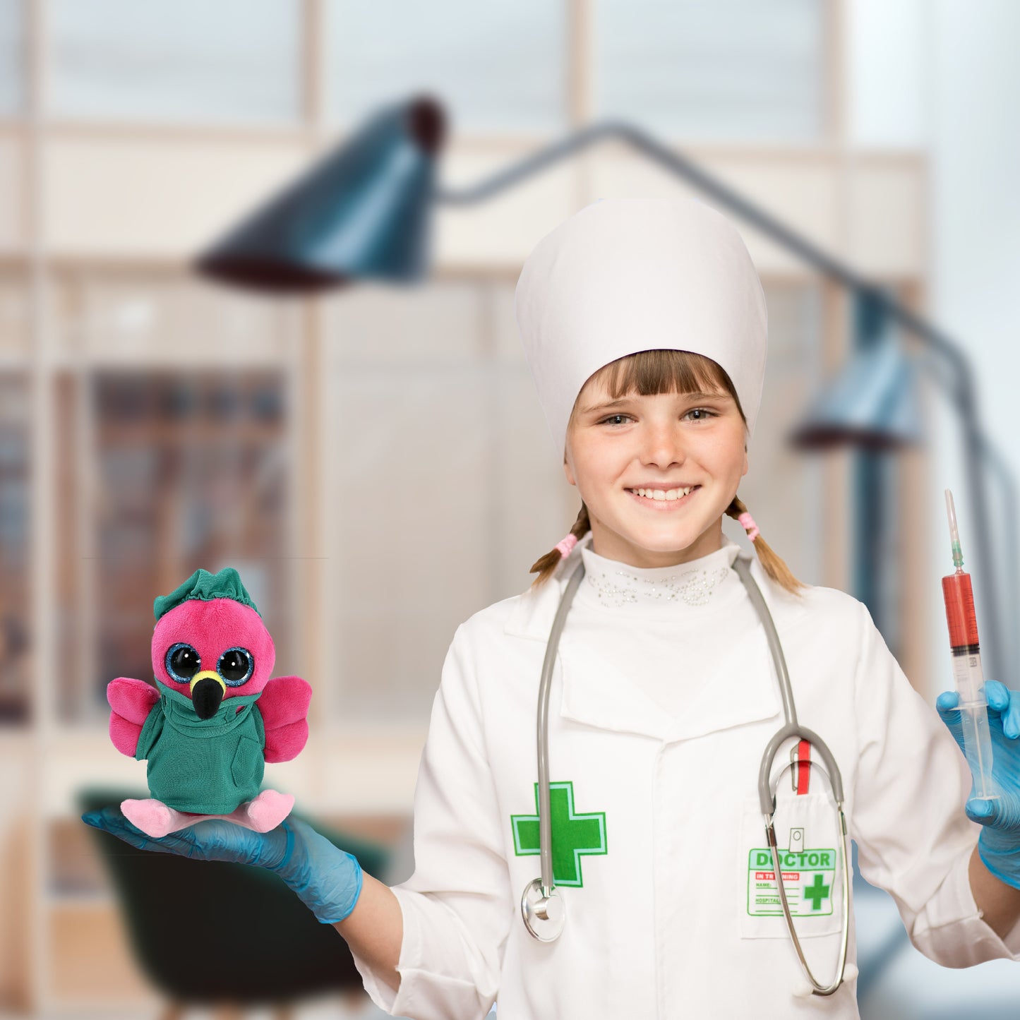 BIG EYE PLUSH - FLAMINGO WITH DOCTOR DRESS UP