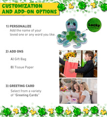 DolliBu Iridescent Rainbow Octopus Plush Toy with Green Plush Shamrock - 9 Inch