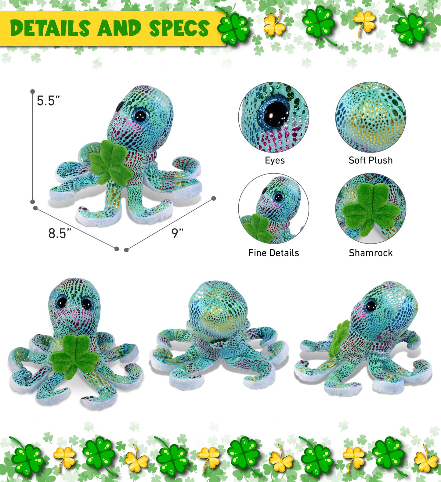 DolliBu Iridescent Rainbow Octopus Plush Toy with Green Plush Shamrock - 9 Inch