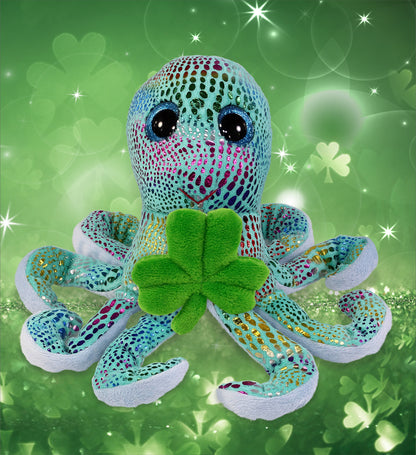 DolliBu Iridescent Rainbow Octopus Plush Toy with Green Plush Shamrock - 9 Inch